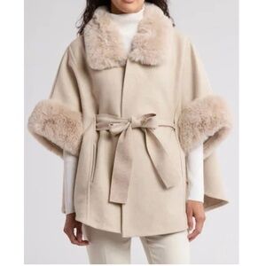 BCBGMAXAZRIA Women's Natural Faux FurTrim Belted Topper Coat Cape Cardigan